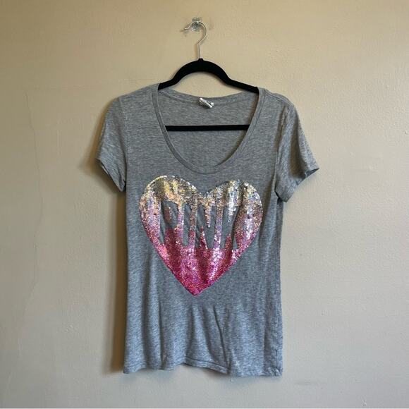 Pink VS M/M short sleeve t-shirt preppy casual heart sequins gray pink white - Picture 1 of 7